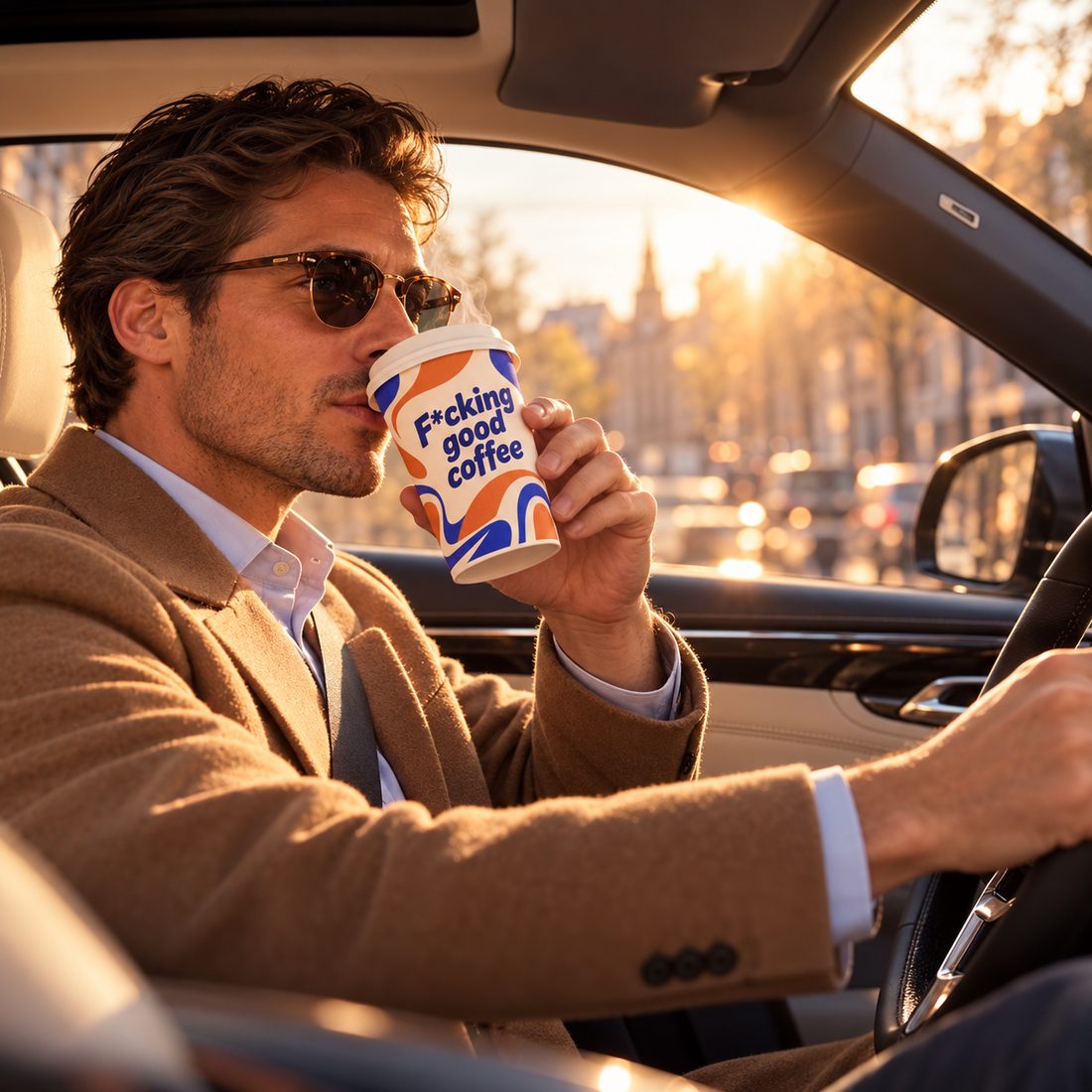 Jonge man drinkt tijdens het rijden uit een beker F*cking good coffee