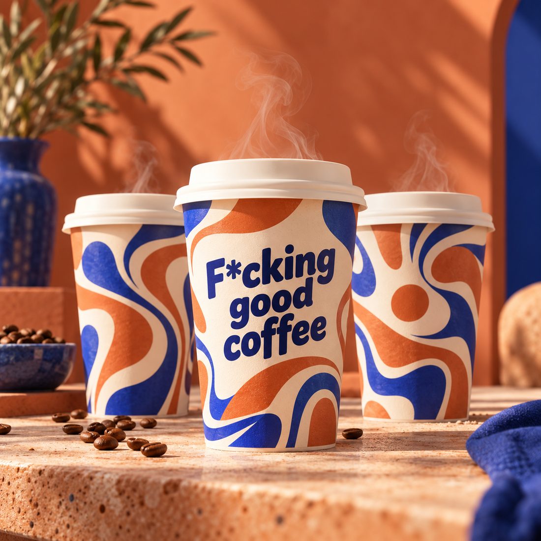 Drie stomende papieren bekers met witte deksels en terracotta en blauwe swirls, met de tekst F*cking good coffee